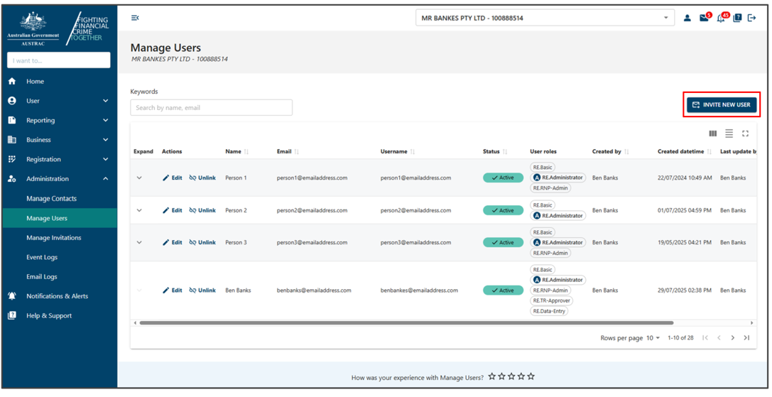 Invite new user button in Manage users page