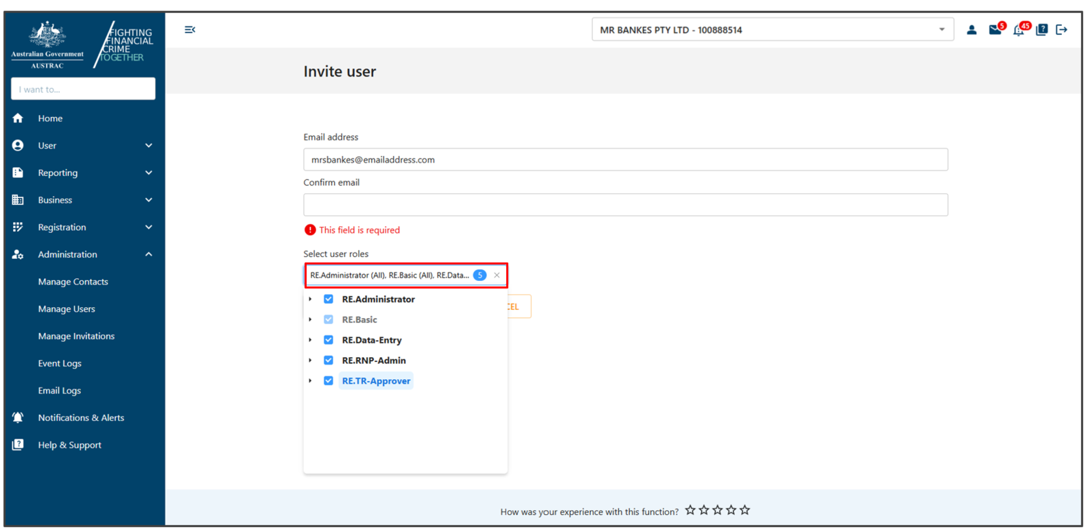 Invite user page, with a drop down list for select user roles