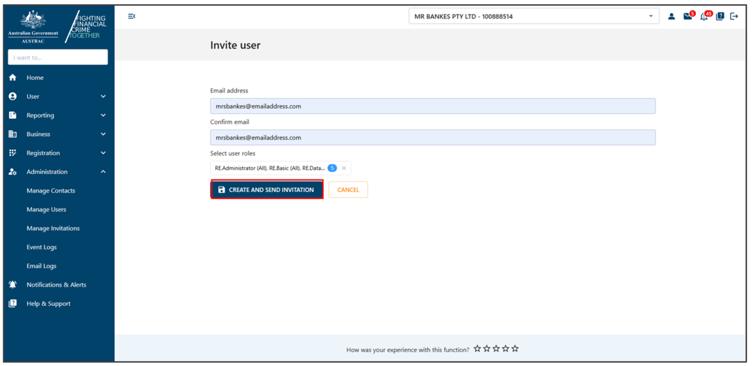 Create and send invitation button in Invite user page
