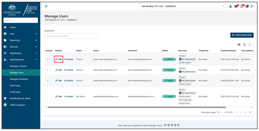 Edit button for one of the users in Manage users page