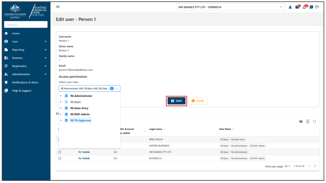 Select user roles drop down list and Save button in Edit user page