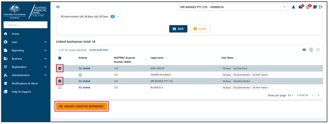 Two businesses selected in Linked business total list, and Unlink 2 selected businesses button at the bottom