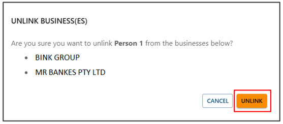 Pop up message to confirm unlinking businesses, with a Cancel button and an Unlink button