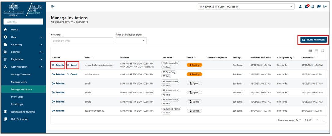 Invite new user button Manage invitation page, and Reinvite button and Cancel button for one of the invitation entries