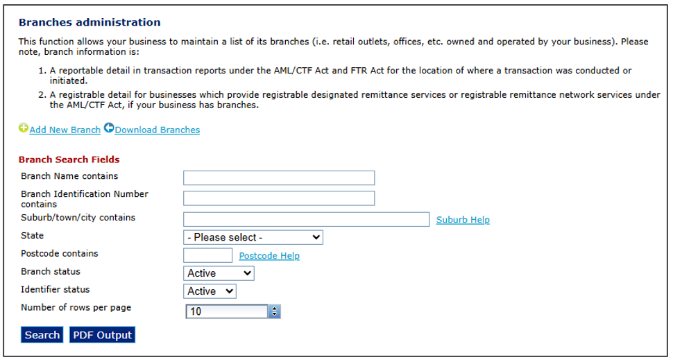Branches administration section, with branch search fields, a Search button and a PDF output button