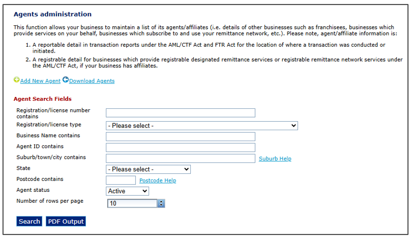 Agents administration section, with agent search fields, a Search button and a PDF output button