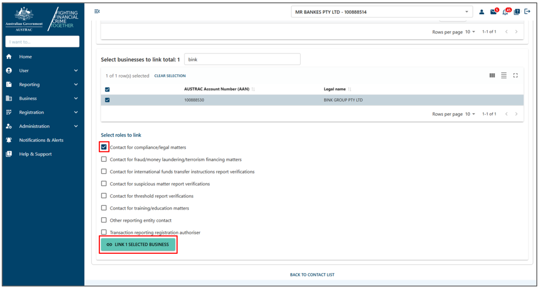 A roll selected and Link 1 selected business button at the bottom