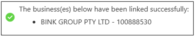 Pop up message advising the businesses below have been link successfully