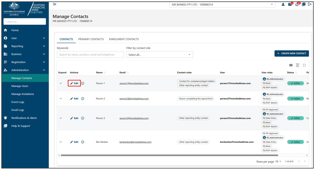 Edit button for one of the contacts in Manage contacts page