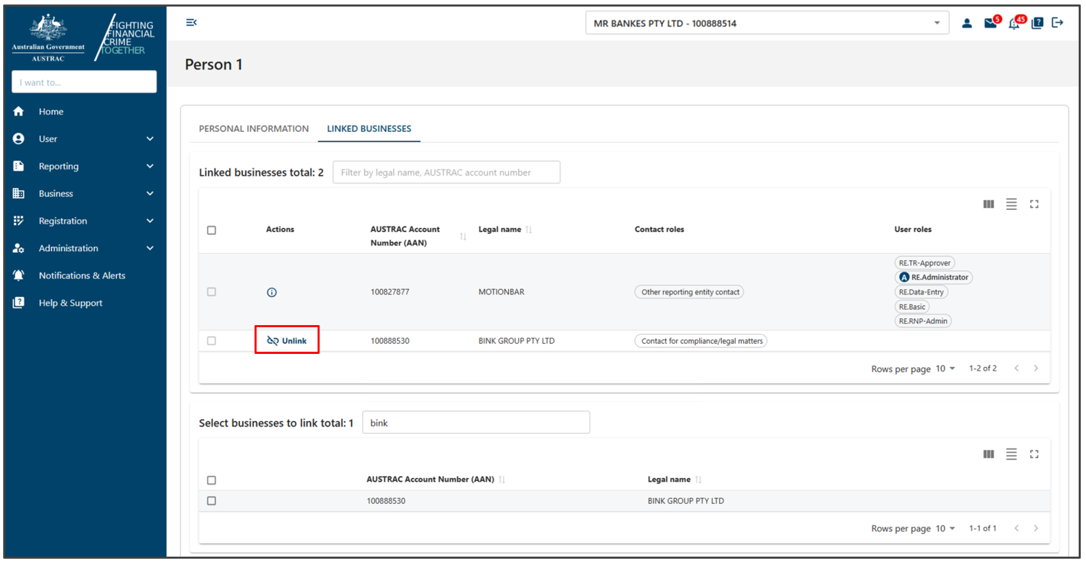 Unlink button for one of the linked businesses for contact Person 1