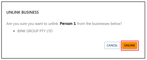 Confirm unlink business pop up message with a Cancel button and an Unlink button