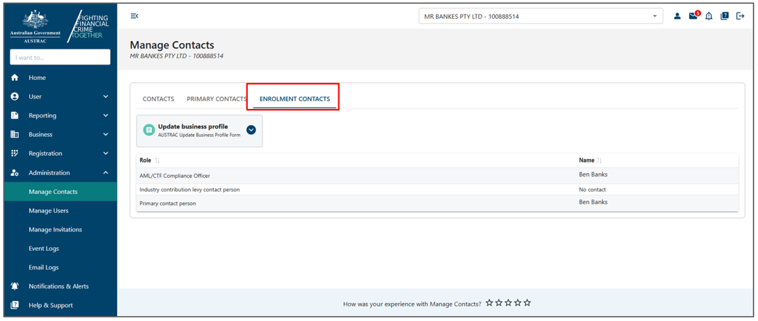 Enrolment contacts tab in Manage contacts page