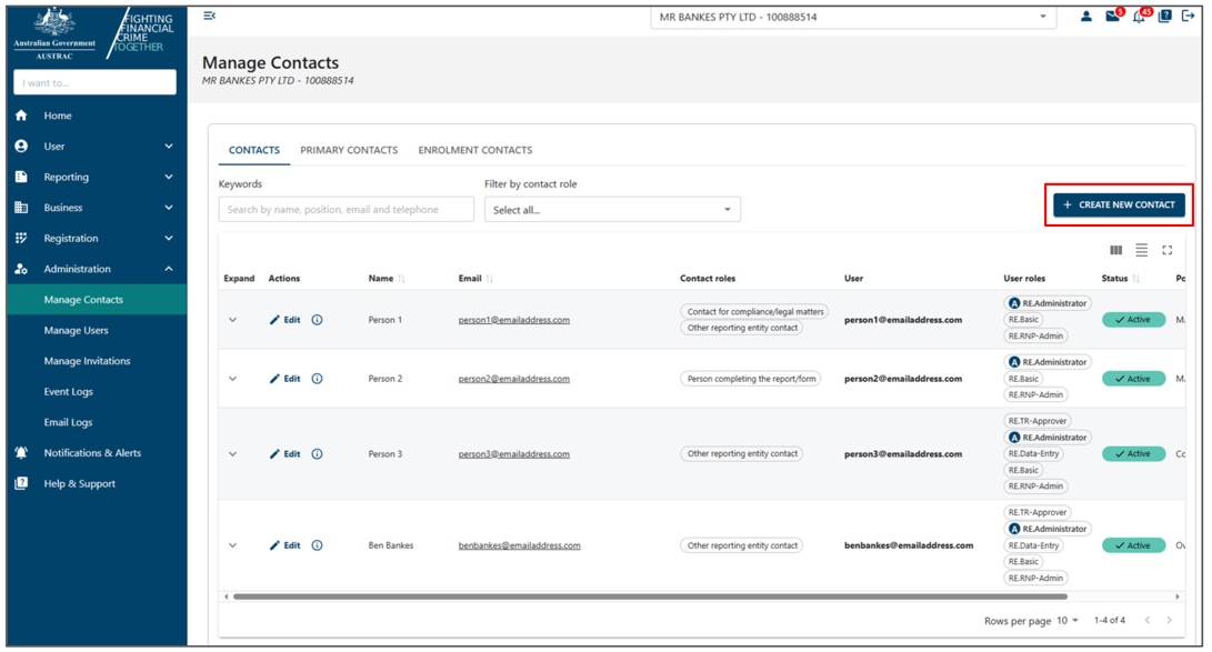 Create new contact button in Manage contacts page