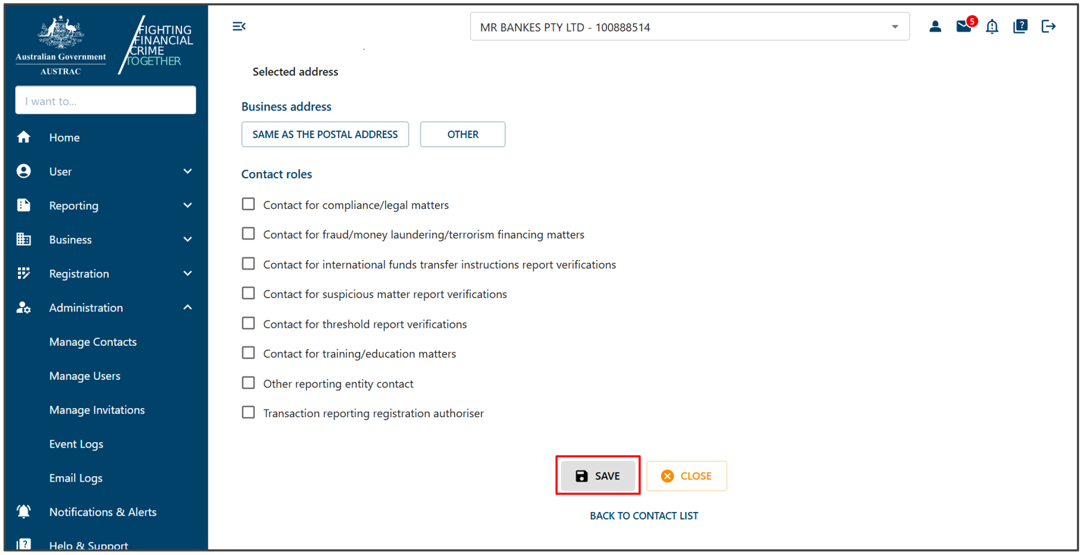 Save button in Create new contact page