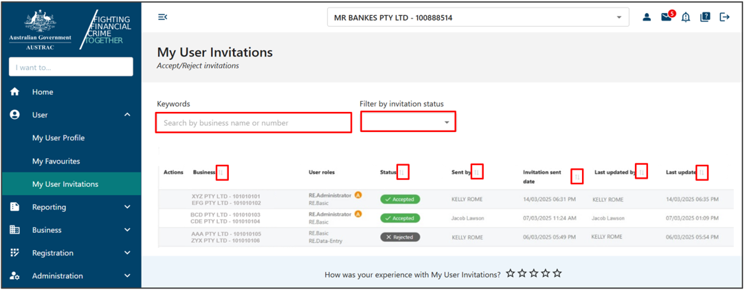 My invitation section on the home page 