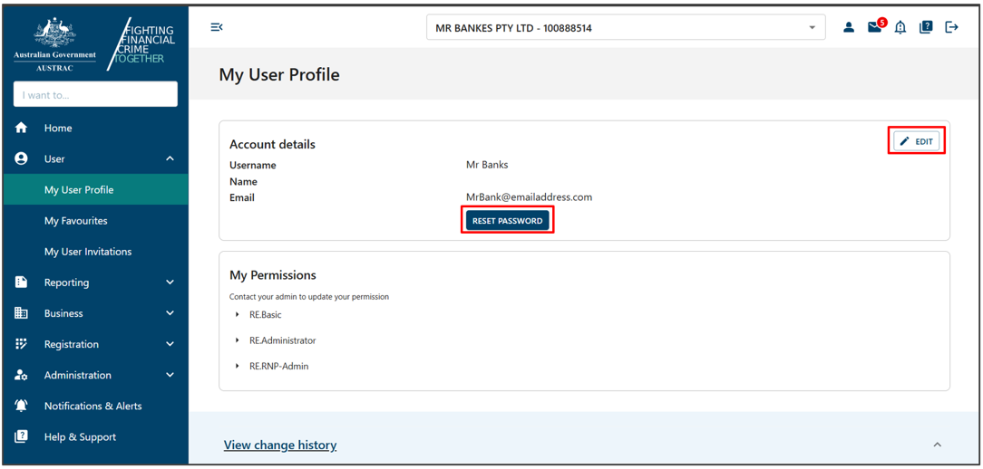 Edit and reset password buttons on My user profile page