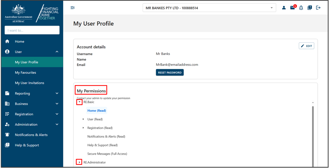 My permissions section with expand icons to view the permission of each role 