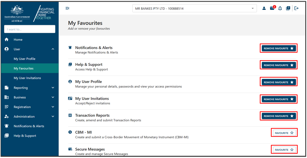 Buttons to add and remove favourites in My favourites page 