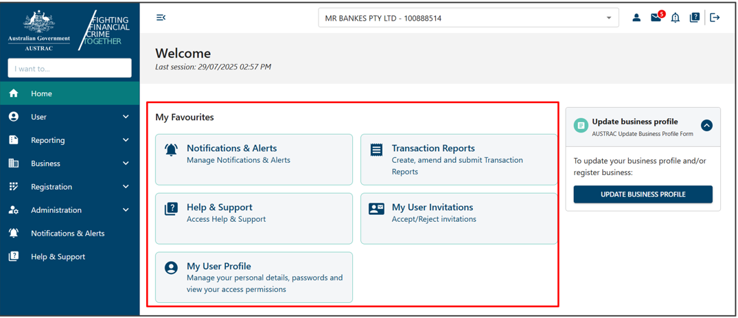 My favourites section on the home page 