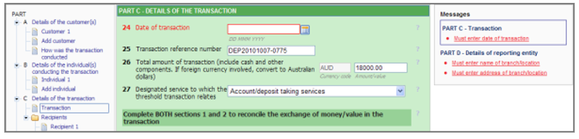 Question 24 Date of transaction highlighted in red, and a list of error messages on the right