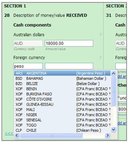 Section 1, question 28 description of money or value received, a drop down list of foreign currency