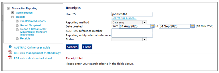 Receipts page, with a navigation menu on the left
