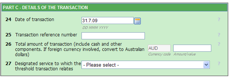 Part C Details of the transaction page, with a date of transaction entered as 31.7.09 