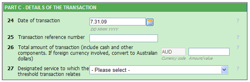 Part C Details of the transaction page, with a date of transaction entered as 7.31.09