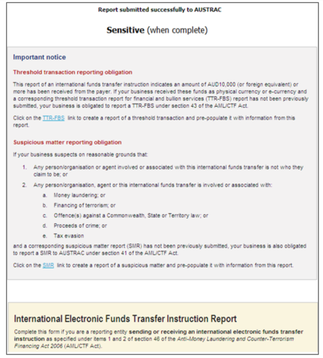 Report submitted successfully to AUSTRAC page, marked as sensitive (when complete), and important notice in the body