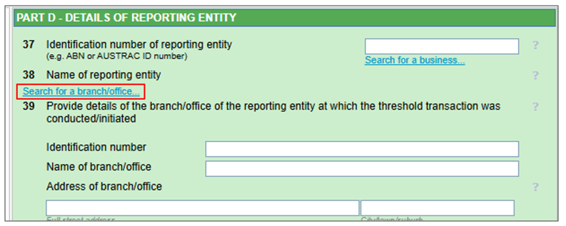 Part D Details of reporting entity page, with a link to search for a branch or office