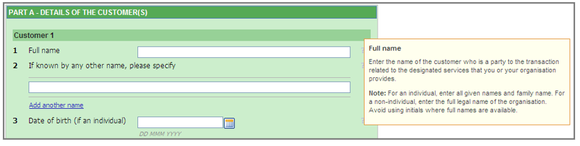 Part A Details of the customers page, with a tooltip for full name