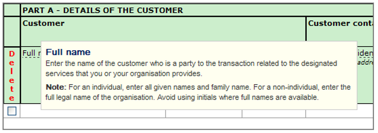 Part A Details of the customer section in the AUSTRAC Online spreadsheet, with a tooltip for full name