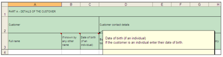 Part A Details of the customer section in the AUSTRAC Online spreadsheet, with a tooltip for date of birth