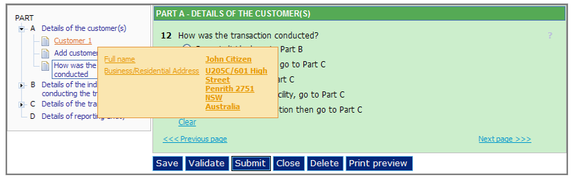 Part A Details of the customers page, with a pop up box showing full name and business or residential address