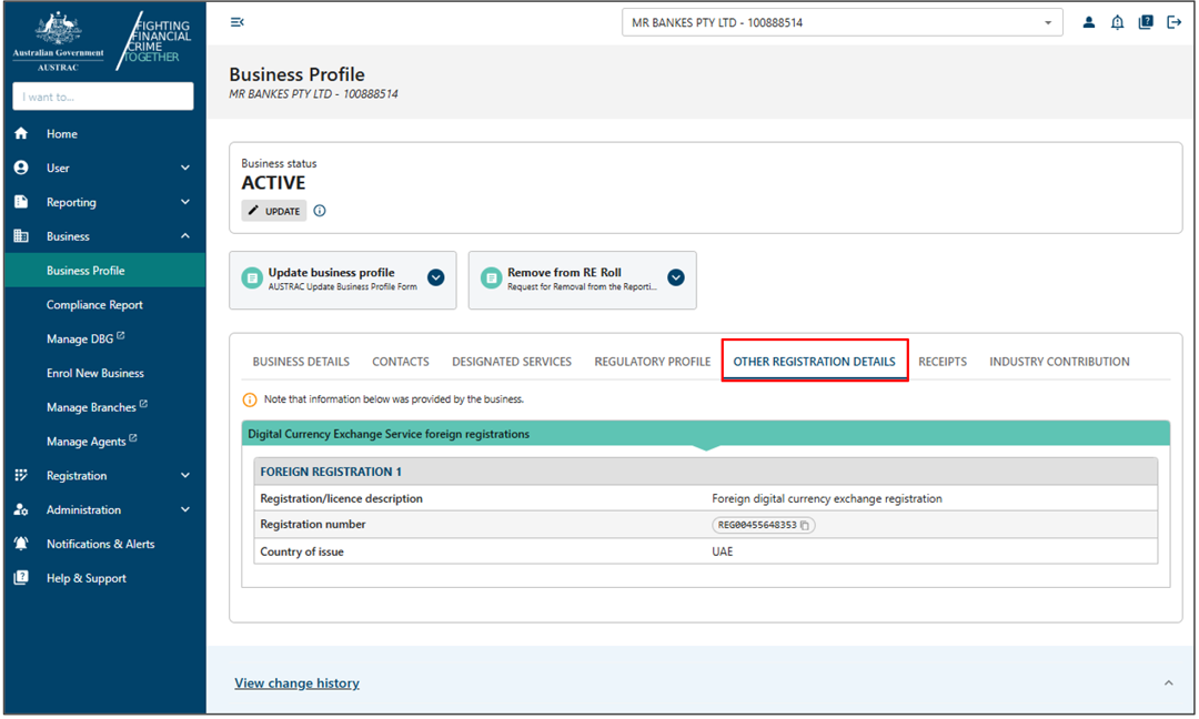 The Other registration details tab in Business profile page
