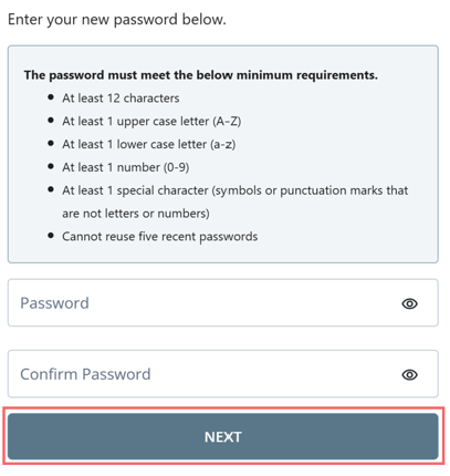 Enter your new password page, with Next button 