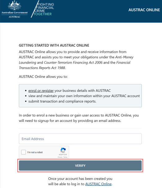 Getting started with AUSTRAC Online page, with an email address field, reCAPTCHA, and Verify button 