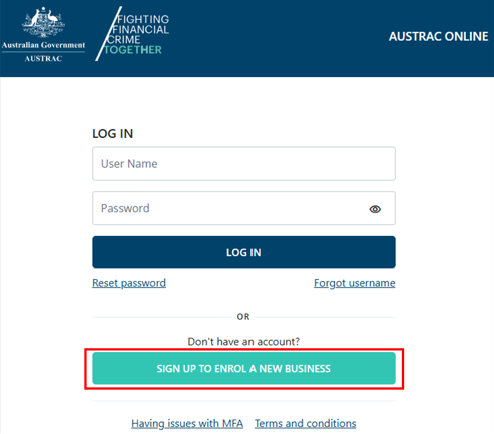 AUSTRAC Online log in page with button to sign up to enrol a new business 