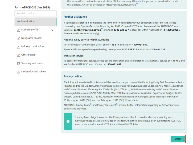 Introduction page in the enrolment form, with Start button at the bottom 