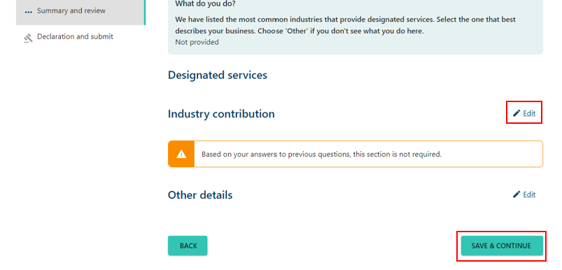 Summary and review page, with Edit button next to Industry contribution, and Save and continue button at the bottom 