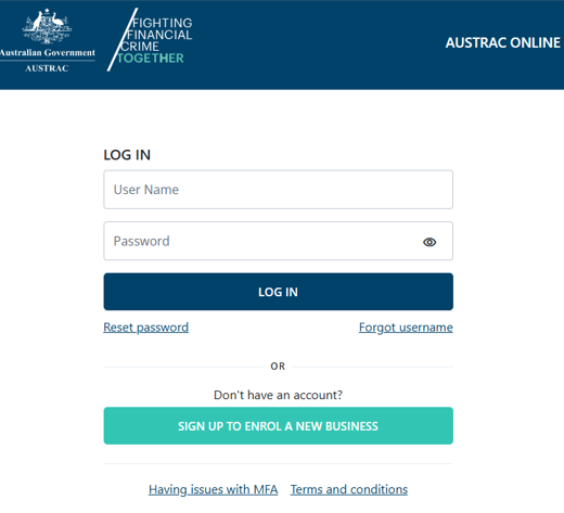 AUSTRAC Online log in page 