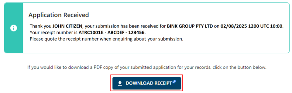 Application received message and Download receipt button 