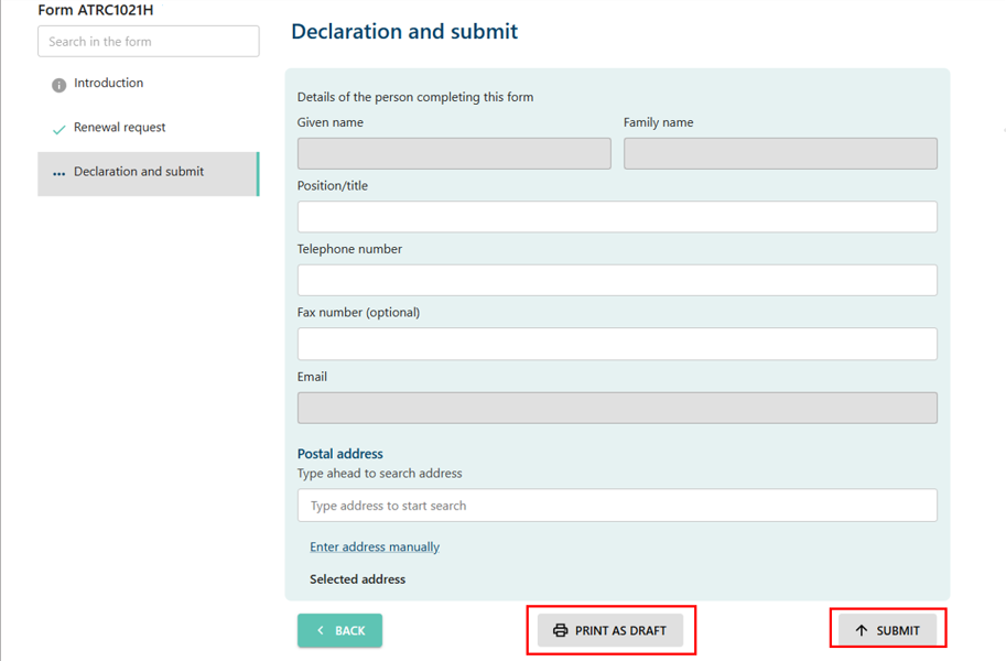 Declaration and submit page, with a Back button, Print as draft button, and Submit button at the bottom 