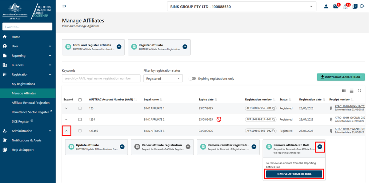 Remove affiliate RE roll form under an affiliate entry in Manage affiliates page 