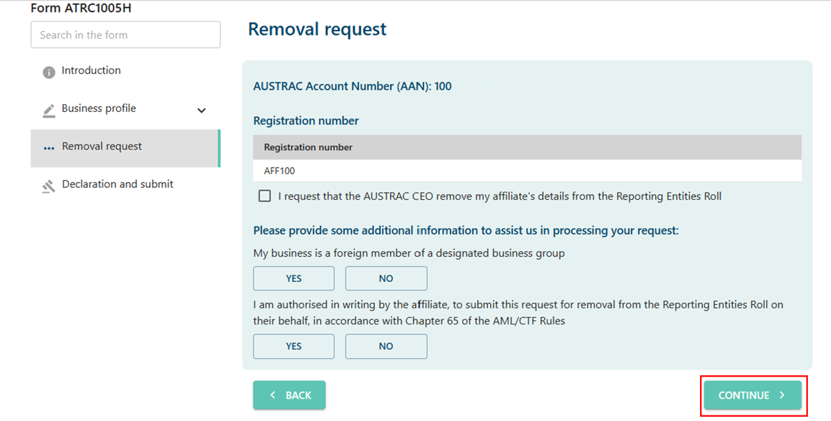 Removal request page, with a Back button and Continue button at the bottom 