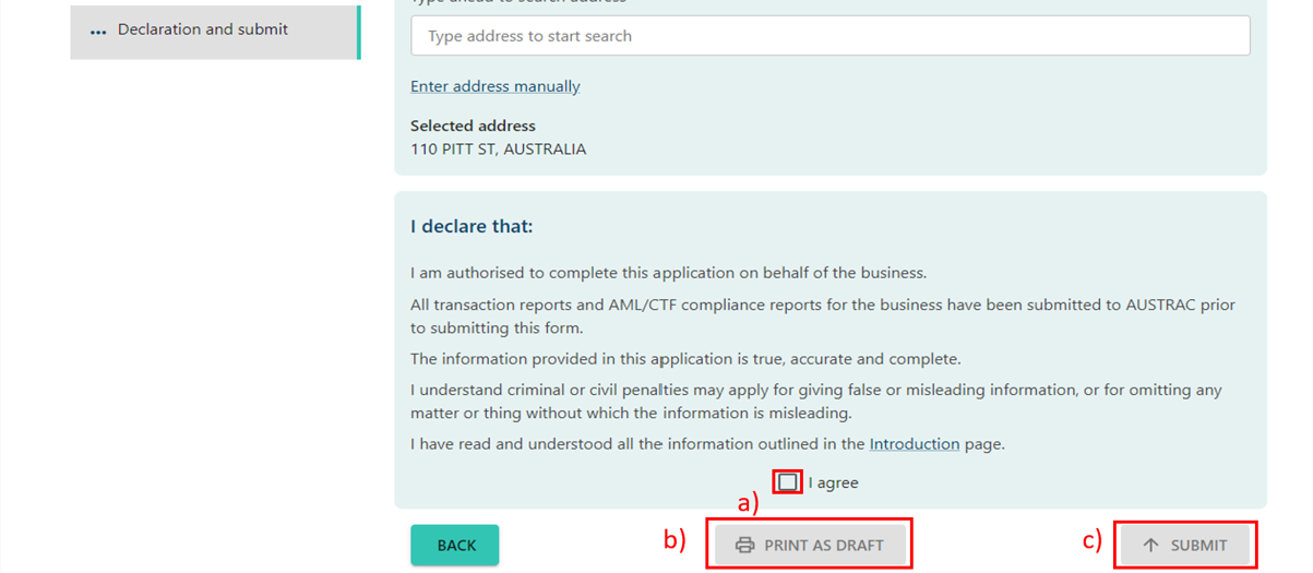Declaration section, with checkbox for I agree, Print as draft button, and Submit button 