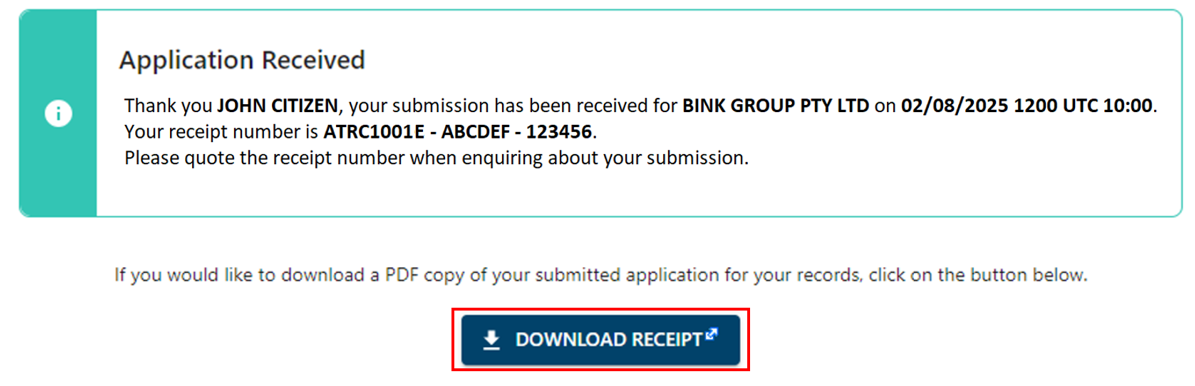 Application received message and Download receipt button