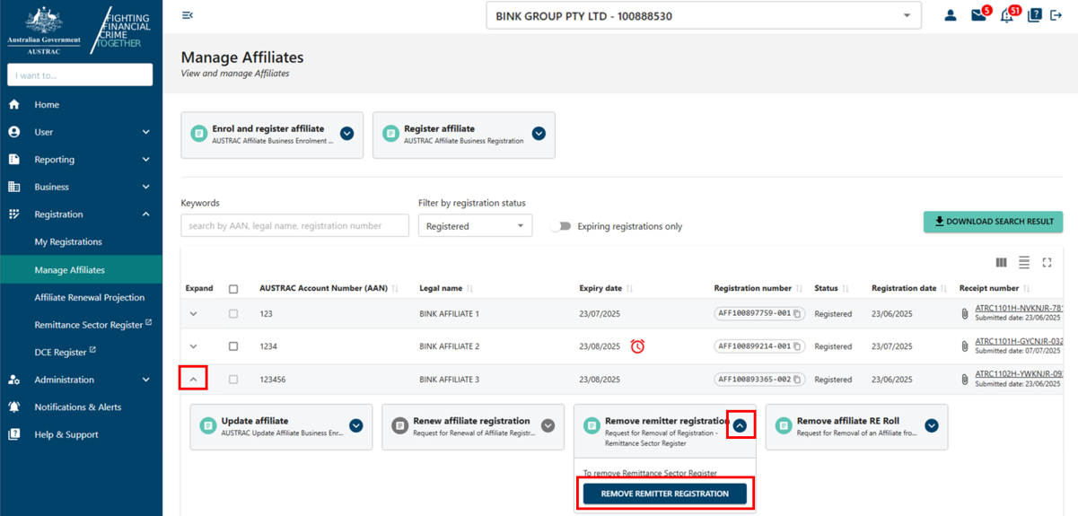 Remove remitter registration form button under an affiliate entry in Manage affiliates page 