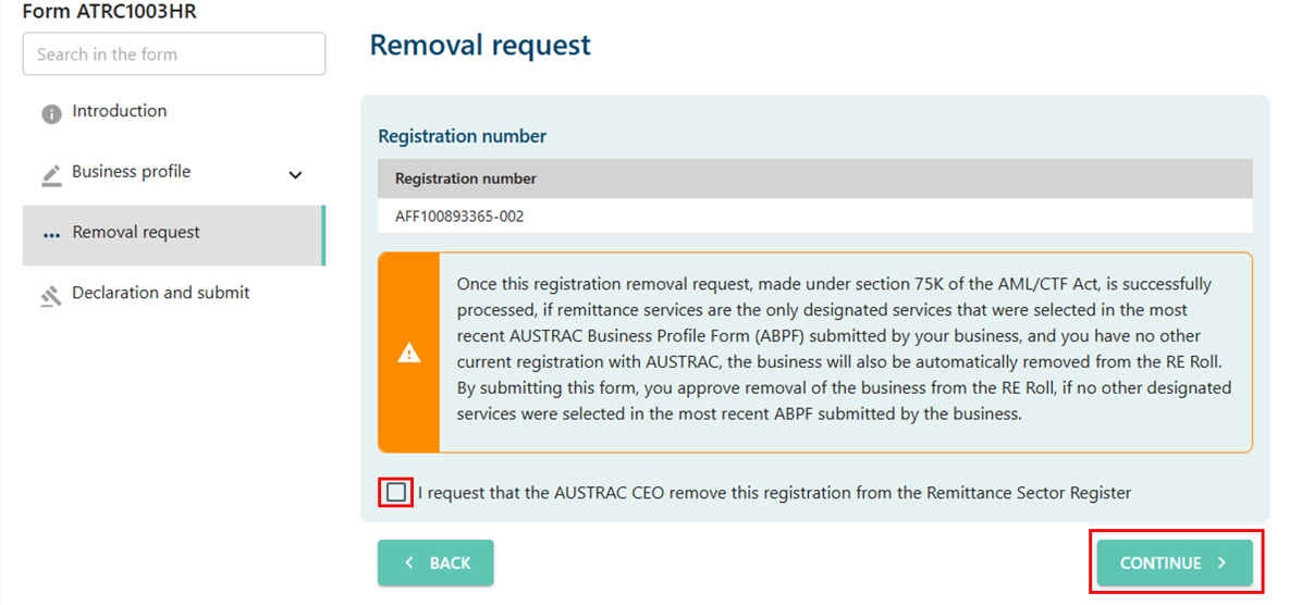 Checkbox in removal request, with a Back button and a Continue button at the bottom 