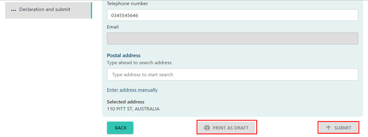 Declaration and submit page, with a Back button, Print as draft button, and Submit button at the bottom 